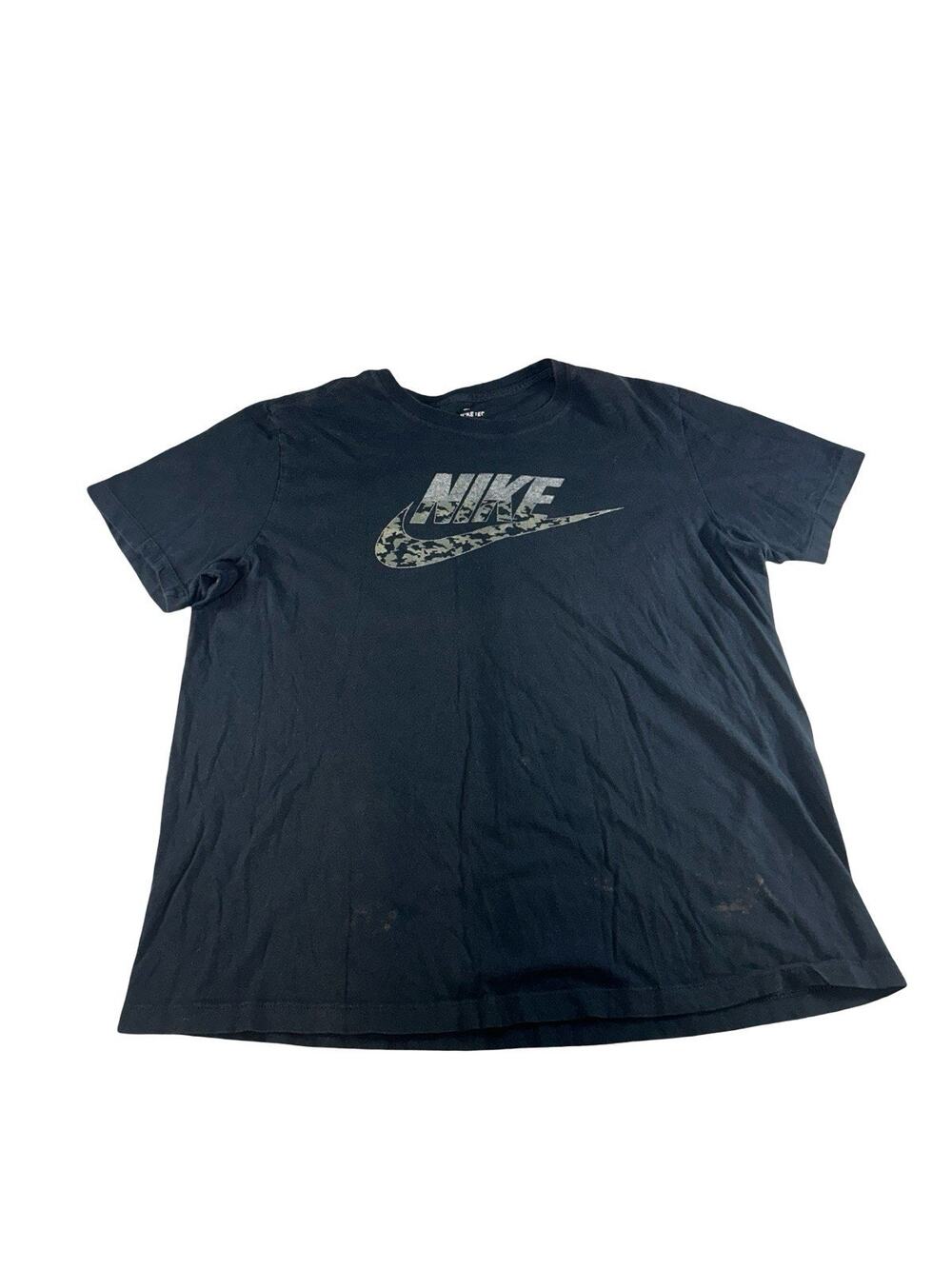 Nike Men’s XL Black Camo Swoosh Graphic T-Shirt Bleach Stain Front